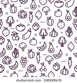 Fruit and vegetables. Organic food. Seamless pattern. Line icon. Outline stroke.