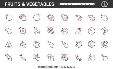 Fruit and vegetables, organic vegetarian food thin red and black line icons set vector illustration. Abstract fresh mix of vitamins, grocery store or supermarket department pictogram collection