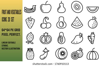 Fruit and vegetables outline icons set. 64x64 px Grid Pixel Perfect. Linear Editable Stroke. Vector Illustration.