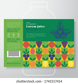 Fruit and Vegetables Pattern Juice Label Template. Abstract Vector Packaging Design Layout. Modern Typography Banner with Hand Drawn Blueberry with Leaves Silhouette Background. Isolated.