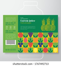 Fruit and Vegetables Pattern Juice Label Template. Abstract Vector Packaging Design Layout. Modern Typography Banner with Hand Drawn Pineapples Silhouette Background. Isolated.