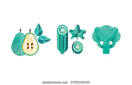 Fruit and Vegetables with Pear and Cucumber Vector Set