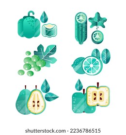 Fruit and Vegetables with Pepper, Cucumber, Grape, Lemon, Pear and Apple Vector Set
