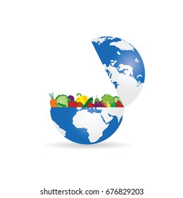 fruit and vegetables with planet earth illustration in colorful