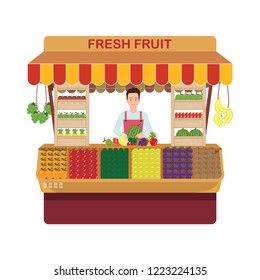 Fruit and vegetables retail business owner working in his own store. Local farmer shop flat style vector illustration.