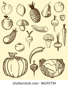 Frutas y verduras de estilo retro. Ilustración del vector
