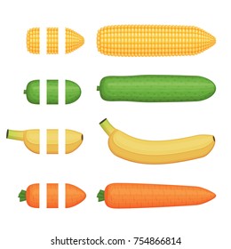 Fruit and vegetables seamless decoration brushes with ending tips, corn, banana. cucumber and carrot. Drag the element to brush pannel to create a pattern brush