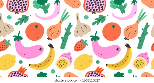 Frutas y verduras, sin fisuras, verduras coloreadas a mano. Textura vectorial. Ilustraciones elegantes de pimienta, plátano, granate, brócoli. Alimentación vegetariana sana