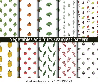 Fruit and vegetables, seamless pattern, hand drawn doodle veggies. Vector texture. Trendy cute illustrations