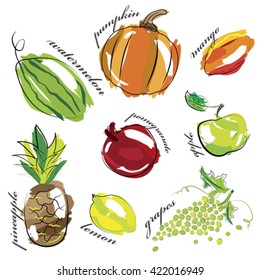Fruit and vegetables set icons isolated on white background.