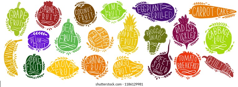 Fruit and vegetables set silhouettes with lettering. Isolated objects on white background. Fruit and vegetables logo or element for design.Vector illustration.