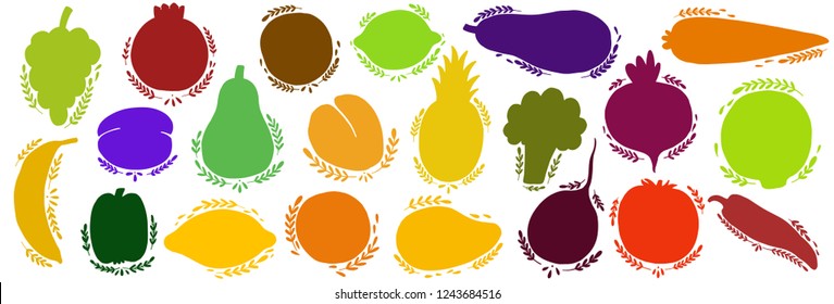 Fruit and vegetables set silhouettes with lettering. Isolated objects on white background. Fruit and vegetables logo or element for design.Vector illustration.