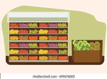 fruit and vegetables shelf with fresh healthy in supermarket, big choice of organic products sale in food shop interior, store vector illustration