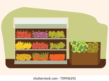 fruit and vegetables shelf with fresh healthy food in supermarket, big choice of organic products sale in shop interior, store vector illustration