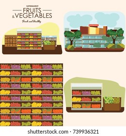 fruit and vegetables shelf with fresh healthy in supermarket, big choice of organic products sale in food shop interior, store vector illustration