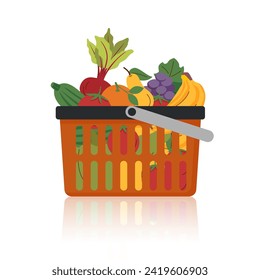 Fruit and vegetables in shopping basket isolated on white background.