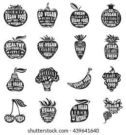 Fruit and vegetables silhouettes with lettering. Print for bags, labels for stores, packaging, advertising. Set of Fruit and vegetables logo or element for design. Vector
