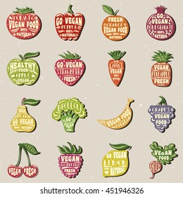 Fruit and vegetables silhouettes with lettering. Print for bags, labels for stores, packaging, advertising. Set of Fruit and vegetables logo or element for design. Vector