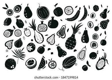 Obst- und Gemüsesilhouetten. Vektorgrafik. Exotische Früchte. Druck für Taschen, Etiketten für Geschäfte, Verpackung, Werbung. Kollektion Agrarprodukt Restaurant-Menü, Marktetikett.