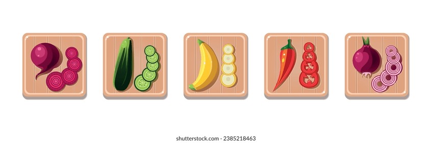 Frutas y verduras cortadas y cortadas en un conjunto de vectores de cartón de madera