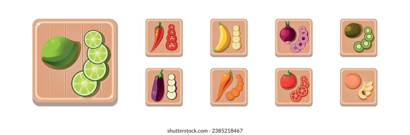 Fruit and Vegetables Sliced and Chopped on Wooden Board Vector Set
