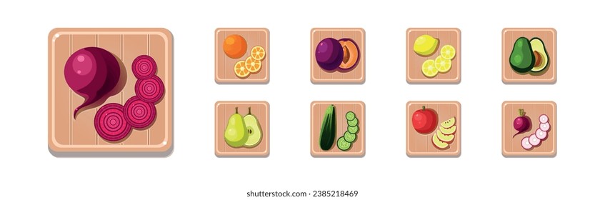 Fruit and Vegetables Sliced and Chopped on Wooden Board Vector Set