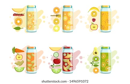 Fruit and Vegetables Smoothies Set, Detox Cocktails Recipes with Ingredients, Design Element for Cafe, Restaurant, Bar Menu Vector Illustration