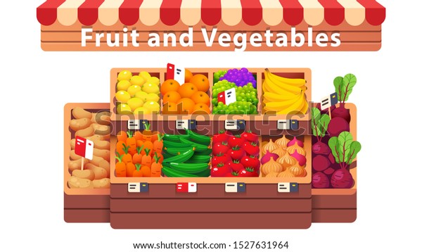 Fruit & vegetables supermarket shop\
aisle or stall. Fresh fruit & vegetables in wooden crates with\
price tags in grocery store produce section. Healthy organic food.\
Flat vector isolated\
illustration