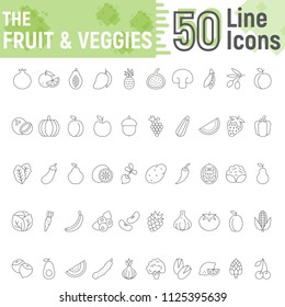 Fruit and Vegetables thin line icon set, vegetarian symbols collection, vector sketches, logo illustrations, healthy signs linear pictograms package isolated on white background, eps 10.