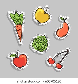 Fruit and vegetables vector cartoon style set. Vegetarian raw menu labels collection.
