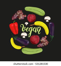 Fruit and vegetables. Vector. Hand drawn. Healthy eating vector concept. Vegan. Apple, banana, grape, eggplant, marrow squash, champignon, red pepper. Black background.