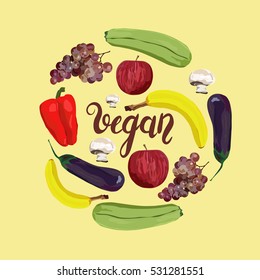 Fruit and vegetables. Vector. Hand drawn. Healthy eating vector concept. Vegan. Apple, banana, grape, eggplant, marrow squash, champignon, red pepper.