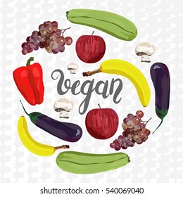 Fruit and vegetables. Vector. Hand drawn. Healthy eating vector concept. Vegan. Apple, banana, grape, eggplant, marrow squash, champignon, red pepper. Texture background.