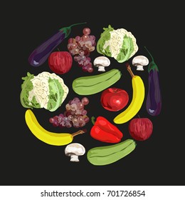 Fruit and vegetables. Vector. Hand drawn. Healthy eating vector concept. Vegan. Realistic apple, banana, grape, eggplant, marrow squash, champignon, red pepper, cauliflower. Round design.