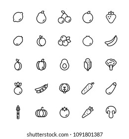 Fruit and vegetables vector icon set in line style.