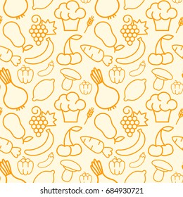 Fruit and vegetables vector seamless pattern. Orange background