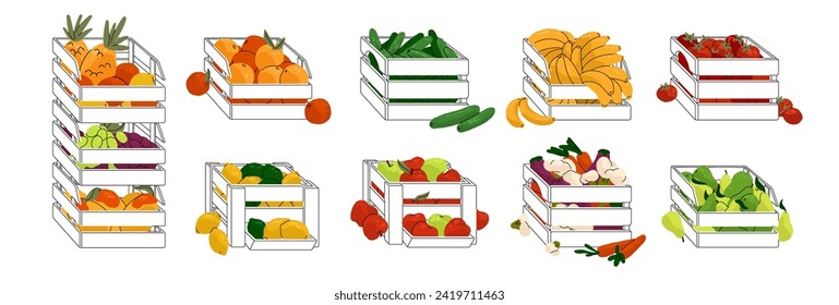 Obst und Gemüse in Holzkästen. Agrarerzeugnisse für den Markt. Bio-Lebensmittel, Öko-Essen vom lokalen Bauernhof. Lagerung der Herbsternte. Flache einzelne Vektorgrafik auf weißem Hintergrund