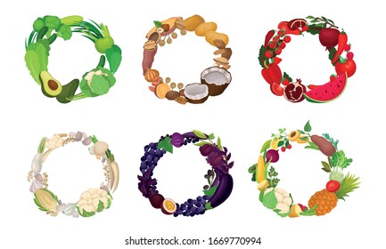 Wreath de frutas y vegetales agrupados por conjunto de vectores de color