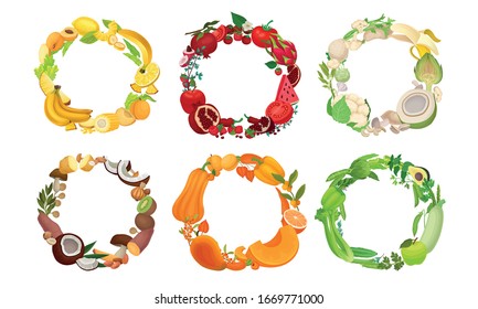 Fruit and Vegetables Wreath Grouped by Color Vector Set