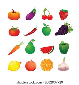 fruit and veggie. exotic tropical juicy fruits, forest or garden berries and herbal spices or spicy condiments and seasonings. Vector isolated icons set