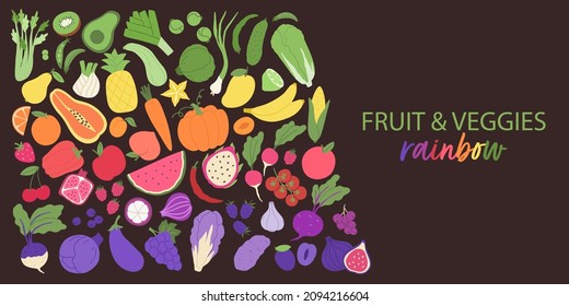 Fruit and veggies rainbow banner. Plant-based food pattern on dark background.