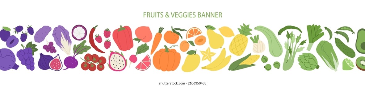 Fruit And Veggies Rainbow Banner. Plant-based Food Pattern.