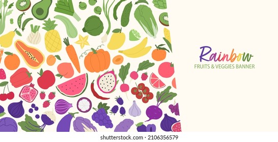 Fruit And Veggies Rainbow Banner. Plant-based Food Pattern.