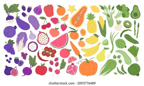 Fruit and veggies rainbow. Set of illustrations with various colorful vegetables, fruits and berries. 