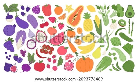 Fruit and veggies rainbow. Set of illustrations with various colorful vegetables, fruits and berries. 