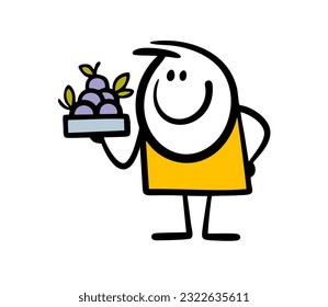 Fruit vendor holds in his hands a box with ripe berries, plums and apples. Vector illustration of a funny stickman and healthy food. Hand drawn stick figure character isolated on white background.