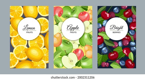 Fruit vertical banners. Set lemon, apple and berries design for sweets and pastries filled. Vector illustration