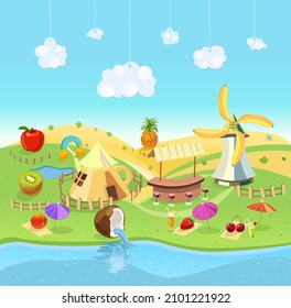 Fruit village with river and beach and mill. Rural landscape of a fictional country. Fruit. Vector illustration