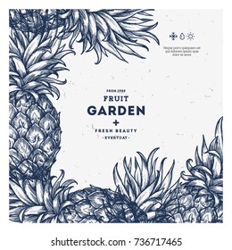 Fruit vintage design template. Botanical pineapple. Engraved pineapple. Vector illustration