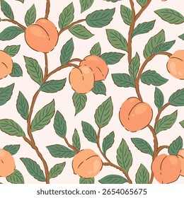 Fruit vintage seamless pattern for retro wallpapers. Apricot design for wrapping paper, wallpaper, fabrics. Arts and Crafts movement inspired.
